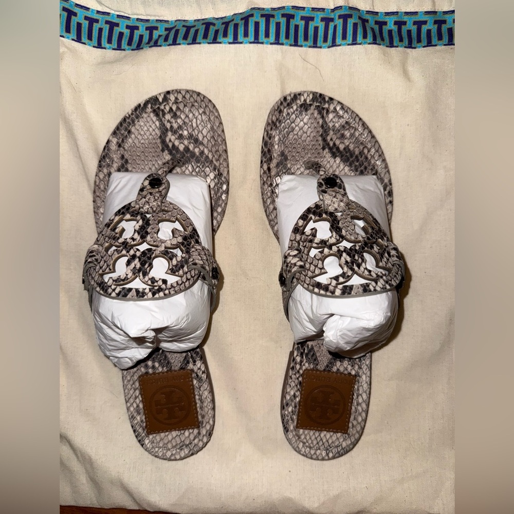Tory Burch Snakeskin Slides with Tan Leather